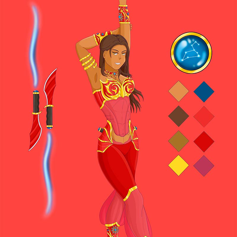 This is a thumbnail of a charachter design piece I created. It features an elegant woman with brown hair in a proud pose and wearing a belly dancer styled outfit. Click the image to see the full version.