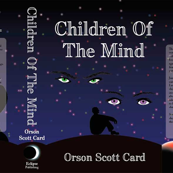 This is a thumbnail for a book cover redesign I did for Orson Scott Card's book, Children of the Mind. I created this book cover using Illustrator and Indesign. It features sci-fi themed visuals which includes the silhoette of the protagonist sitting and looking up at a star filled sky. Above him are two pair of eyes, angry looking read pair, and a calm looking blue pair that have significance to the story. 