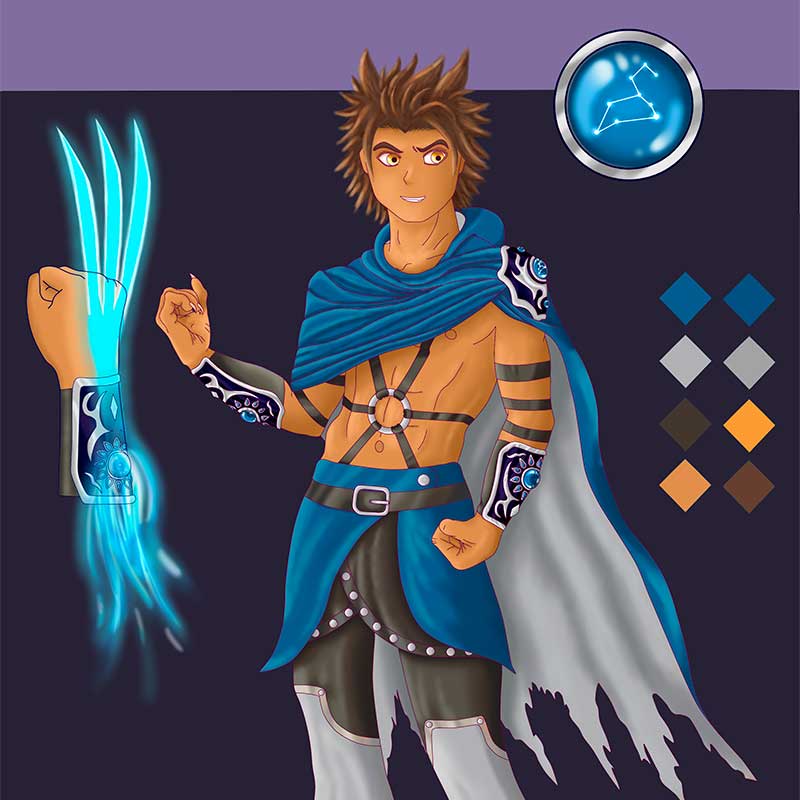 This is a thumbnail image of a charachter I created in Paintool Sai. The images shows a young man in a  cloak with spikey brown hair and ornate wrist gaurds on. Click the image to see the full version.
