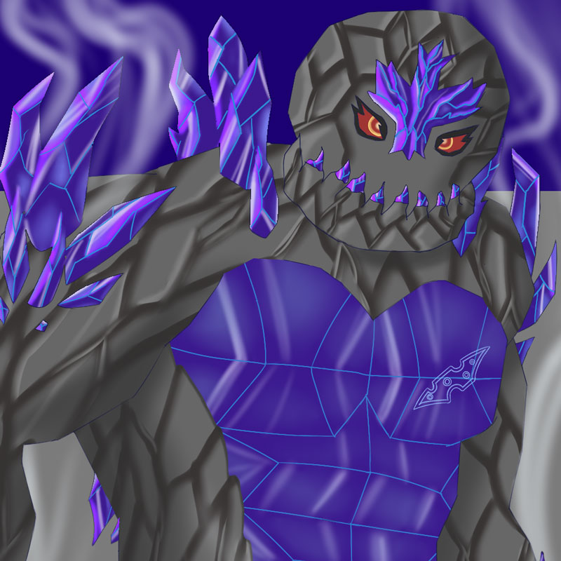 This is a thumbnail of a digital art piece I created. It features a humanoid character made of stone and purple crystals. Click the image to see the full version.
