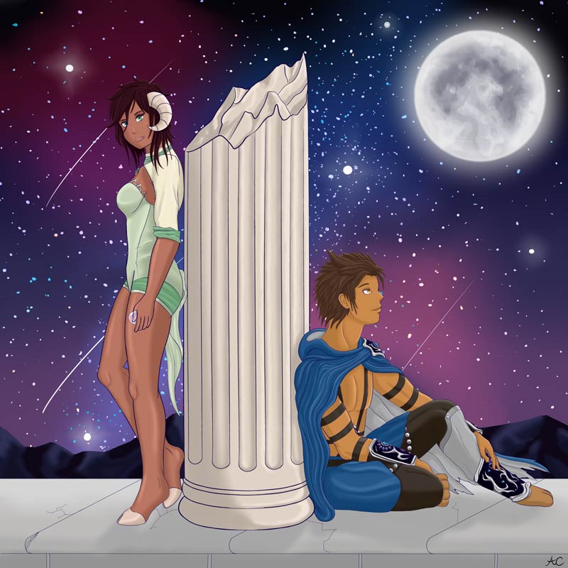 This is a thumbnail of a digital art piece I created. It features two characters admiring a beautiful, starry night sky. Click the image to see the full version.