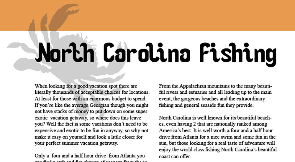 this is a cropped image of a two page spread made by Arnulfo Casco. In it you can see acrab silhoette under a title named North Carolina Fishing. Part of an article is visible as well. click to see the full version. 